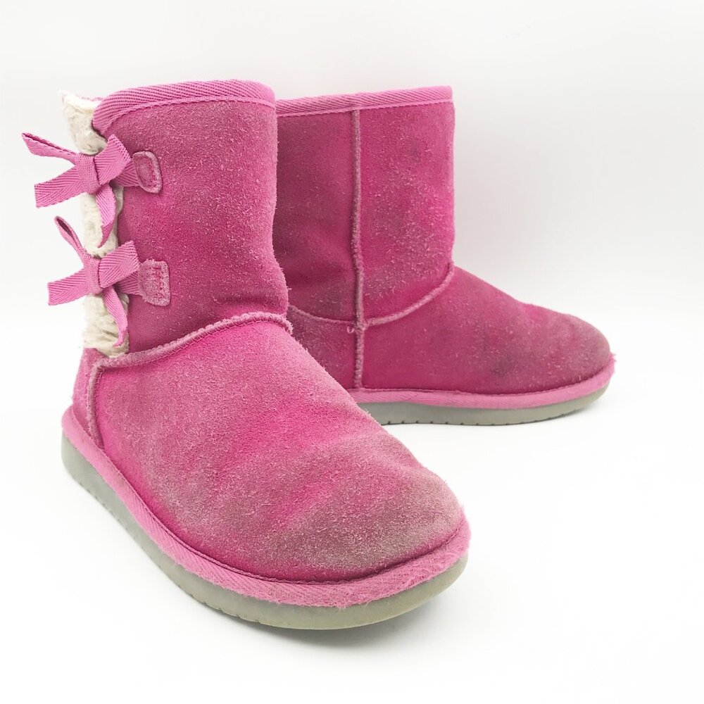 KOOLABURRA UGG Victoria Show Bow Boots Pink Suede Fur Lined Youth 2 Y2K